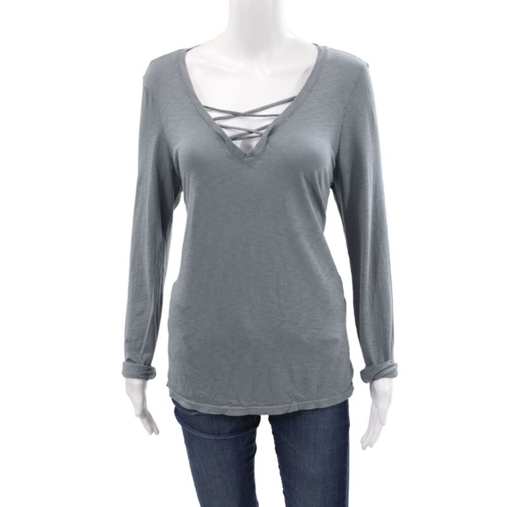 Michael Stars Women V-Neck Lace Up Gray Supima Long Sleeve T-Shirt Size One